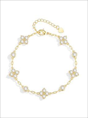 18K Gold Plated Cubic Zirconia Four Leaf Flower Charm Bracelet Adjustable